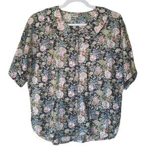 Vtg Floral Peter Pan Collar Button Camp Top M by Krazy Kat Cotton Cottagecore